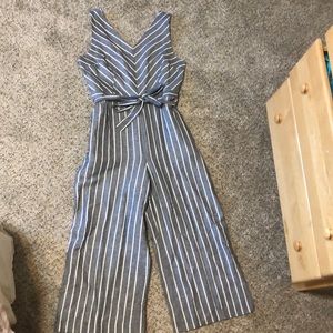 Grey and white striped linen flare jumpsuit